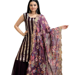 Último diseñador Faux Georgette bordado secuencia trabajo Sharara traje por Fab Zone - Product Image 1