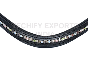 Bandeau de tête de cheval en cuir noir incurvé, accessoire de bride avec cristaux multicolores pour l'équipement équestre - Product Image 5