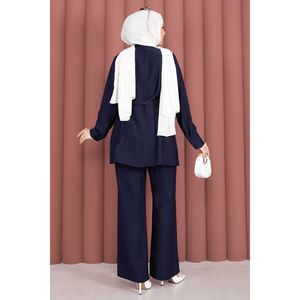 Conjunto de Dos Piezas de Túnica y Pantalones Azul Marino con Cinturón, Estilo Casual, Tejido de Punto, Corte Ajustado para la Temporada de Primavera - Product Image 5