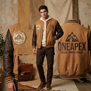 Blouson Bomber Homme Personnalisé en Laine Marron et Cuir avec Manches en Cuir, Style Universitaire, Patch Brodé, OEM - Product Image 1