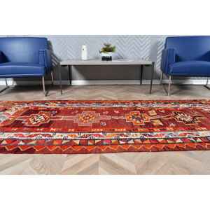 Alfombra Turca Vintage de 3.2x9.2 pies (97x281 cm), Alfombra Kilim Roja Naranja con Diseño Floral - Product Image 4