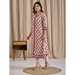 Kurti Aline de Algodón Estampado en Bloques Rosa para Niñas/Señoras, Última Moda Étnica India, Prenda Cosida para Uso Diario y Ocasiones Especiales, Estilo Butti - Product Image 5