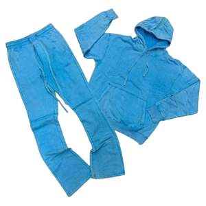 Conjunto Deportivo de Sudadera con Capucha y Pantalones Jogger Acampanados para Hombre, Estilo Vintage, Lavado Ácido Azul, Felpa, Ropa Casual de Invierno - Product Image 1