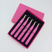 Pince à épiler pour extensions de cils à 90 degrés, couleur rose vif, pointe dorée, en acier inoxydable massif, avec boîtes carton et logo personnalisé