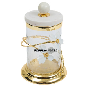 Ensemble de trois pots à bonbons en verre avec couvercle en marbre, forme ronde, design artisanal de luxe, nouveau service à noix en verre - Product Image 2