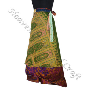 กระโปรงผ้าไหมส่าหรีแบบอินเดียใหม่กระโปรงห่อผ้าไหมพิมพ์ลายบล็อกด้วยมือ - Product Image 1