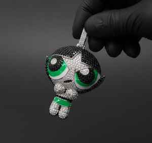 Colgante de Niña de Dibujos Animados, Esmalte Verde, Piedra Blanca y Negra, Colgante de Moissanita Redonda, Plata de Ley 925, Joyería Fina, Colgantes y Dijes - Product Image 1