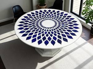 Table basse ronde en marbre blanc, mosaïque en lapis-lazuli, design sculpté à la main, pièce maîtresse de bureau, décoration intérieure et extérieure - Product Image 3