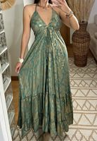 Robe longue de luxe bohème chic à imprimé floral cachemire noir et or, manches courtes, col en V, taille naturelle, écologique et lavable