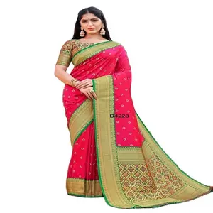 Dgb出口Banarasi软缎丝绸萨迪棉华丽丝绸纱丽配对比衬衫2023系列印度服装