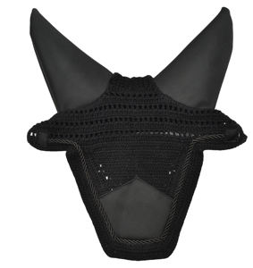 Velo antimoscas negro de ganchillo de alta calidad con cubre orejas suaves, gorro ecuestre hecho a mano, color personalizable para entrenamiento de equitación - Product Image 1