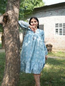 Blue White Mulmul Cotton Floral <b>Dress</b> for Women <b>Summer</b> Full <b>Sleeve</b> Comfortable <b>Dress</b> - Product Image 5