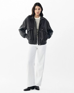 Blouson aviateur en cuir véritable pour femme, marron foncé, coupe oversize, style utilitaire, col montant, fermeture éclair, streetwear, hiver, coton - Product Image 5