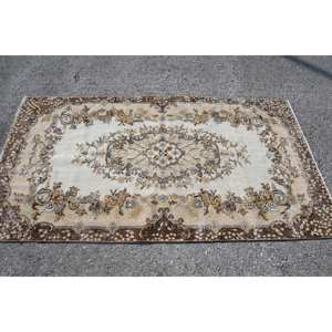 Alfombra turca clásica Beige marrón tradicional Vintage de 3,7x6,9 pies de lana de tejido plano de látex de retazos para espacio rectangular de pasillo - Product Image 3