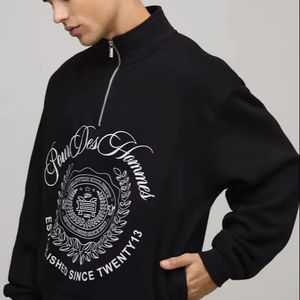 Half Zippered <b>Black</b> Sweatshirt 2025 Oversized <b>Men's</b> Winter Printed Hoodie Breathable Polyester/Cotton Embroidered Stonewashed - Product Image 1