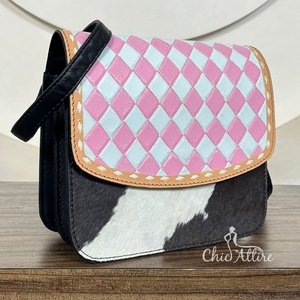 New 2025 Arrival Hand Tooled Genuine Leather Checkered Crossbody Bag Cowhide Women's Small Western Style Saddle Shoulder Handbag - Product Image 1