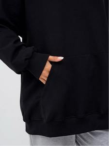 Sweat à capuche femme couleur unie coupe ample poche kangourou décontracté Streetwear brodé/imprimé coton Polyester polaire noir - Product Image 5