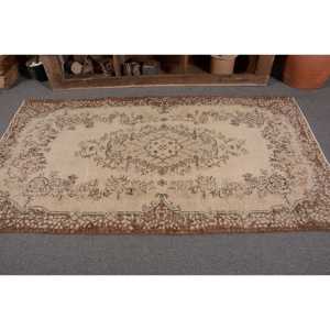 พรมขนสัตว์สีเบจสีน้ำตาลแบบดั้งเดิม7ft x 3.9การออกแบบเย็บปะติดปะต่อกันสไตล์ตุรกีสำหรับตกแต่งห้องนั่งเล่นยางทรงสี่เหลี่ยมผืนผ้ากว้าง4เมตร - Product Image 4