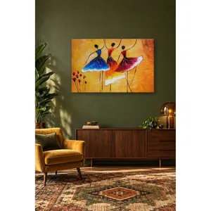Fida Trois danseuses en jupes tricolores sur fond orange, impression sur toile - Product Image 5