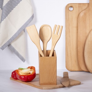 Ensemble d'ustensiles de cuisine 3 pièces en bois de hêtre - Cuillère, fourchette et spatule en bois naturel de 29 cm - Outils de cuisson et de service antiadhésifs - Product Image 5