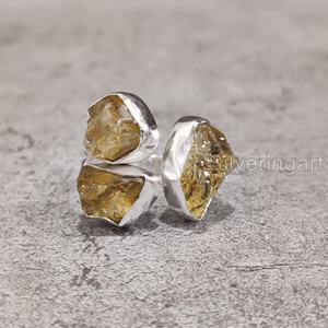 Joyería de piedra cruda Anillo de mujer Citrino natural Piedra preciosa en bruto Piedra natal de Noviembre Joyería de piedra triple Anillo de plata esterlina 925 - Product Image 1