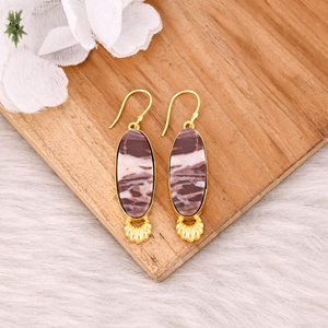 Malinga Jasper Gemstone Long Oval Boho Earrings Handmade <b>Yellow</b> Gold Plated Brass Dangler Jewelry Unique Wedding Gift - Product Image 2