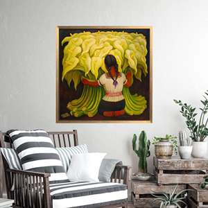 Mexican Girl with Lilies Printed Canvas Wall Art, Frida Kahlo Inspired,Gold <b>Framed</b> - Product Image 1