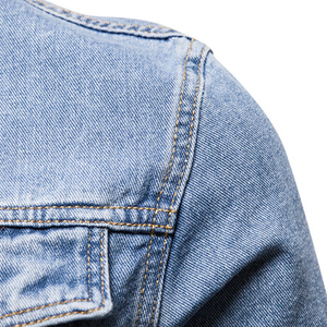 Veste en jean coupe étroite à la mode pour hommes, col montant boutonné avec aspect vieilli déchiré et lavé enduit, denim décontracté pour l'hiver - Product Image 6