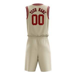 Uniforme de baloncesto beige personalizado para hombre, Conjunto de jersey y pantalones cortos con ribete rojo para ropa deportiva disponible con nombre de equipo e impresión de números - Product Image 4