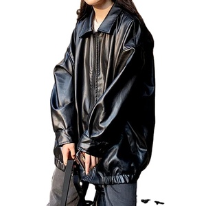 Veste en cuir noir femmes hiver longue femmes Moto Biker veste à glissière Streetwear ample femmes manteau 2024 - Product Image 1
