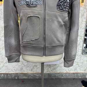 Sudadera con capucha desgastada con cremallera personalizada con estampado fino, chaqueta con cremallera con diamantes de imitación, lavado ácido, ropa de calle de lana lavada Vintage para hombres - Product Image 2
