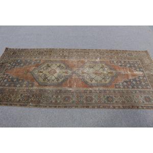 Turkish Vintage Patchwork Area Rug 3.7x8.2 ft <b>Brown</b> <b>Wool</b> Eco-Friendly Latex Backed Rug - Product Image 3