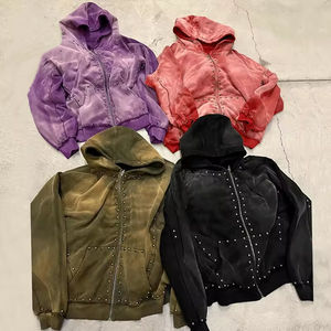 Ventes en gros de sweats à capuche personnalisés à double fermeture éclair, broderie usée, appliqué, streetwear, lavage à l'acide, sweats à capuche pour hommes avec strass - Product Image 6