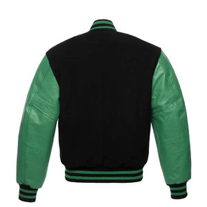 Chaqueta Universitaria Bomber con Mangas de Cuero Color Verde Azulado y Cuerpo Negro, Chaqueta Letterman Personalizada con Mangas de Cuero - Product Image 2