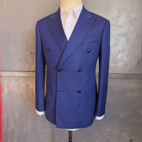 Jas Pria Biru Royal Double Breasted Enam Kancing Kerah Peak Lapel Kantong Lipat Slim Fit Jas Bisnis Pria Pesta Pernikahan Custom MTM