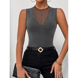 Women'<b>s</b> Sleeveless Tulle Round Neck Deep V-Neck Glitter <b>Blouse</b>, 36062 - Gray - Product Image 1