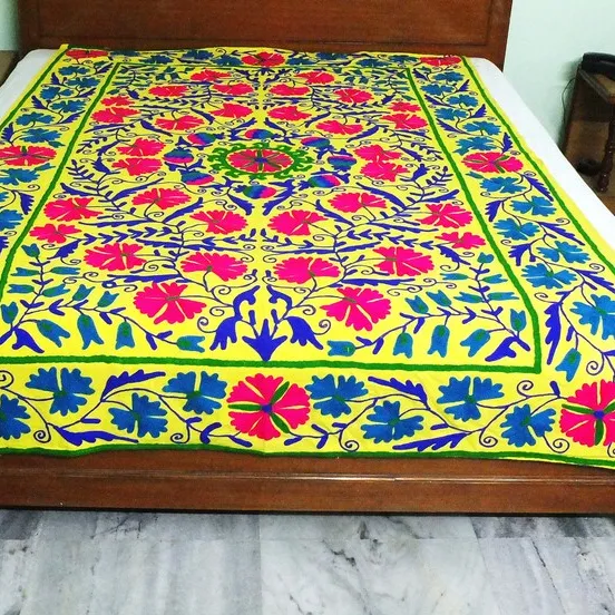 Unique Suzani Bedspread Bed Cover Bright Bedsheet Suzani Black Uzbekistan Wall Hanging Decor Boho Home Tapestry