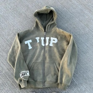 Prix de gros : Sweat à capuche en molleton pour homme, coupe oversize, délavé à l'acide, style zippé, avec broderie personnalisée effet vieilli, noir - Product Image 3