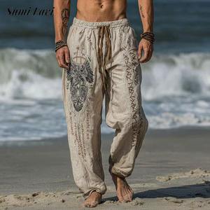 กางเกงลำลองผู้ชายทรงตรงพิมพ์ลาย, กางเกงเอวกลางเอวหลวมระบายอากาศน้ำหนักเบามีเชือกผูกขนาดพิเศษฤดูใบไม้ร่วงใส่ได้ทุกวัน - Product Image 5