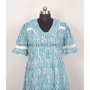 Robe imprimée à la main pour femmes Robe de mariée Tenue de soirée Été Traditionnelle Manches courtes Robe midi décontractée Coton indien - Product Image 4