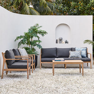ชุดเฟอร์นิเจอร์ไม้สักสำหรับกลางแจ้ง โซฟาโมเดิร์น ชุดโซฟาสำหรับโรงแรม ร้านอาหาร เฟอร์นิเจอร์ระเบียงสุดหรู โซฟาไม้พร้อมเบาะรองนั่ง - เอริน่า - Product Image 1