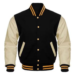 OEM High Quality Custom Men's College <b>Baseball</b> <b>Bomber</b> <b>Jacket</b> Varsity Letterman Crop Leather Sleeve Sheep Button Winter - Product Image 1