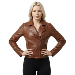 Chaqueta de Motociclista Personalizada para Mujer, Cuero Marrón - Estilo Motociclista - Venta al por Mayor - Directo de Fábrica - Chaqueta de Cuero Genuino - Product Image 1