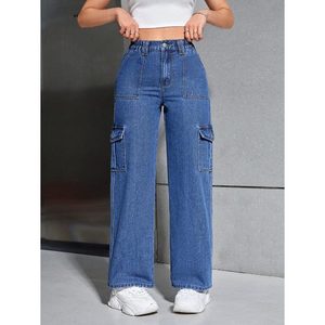 Jeans de Mezclilla para Mujer, Color Azul Piedra, Transpirables, Ecológicos, Corte Holgado, Cintura Alta, Estilo Cargo con 6 Bolsillos, Moda Verano-Otoño, Talla 26-40 - Product Image 1