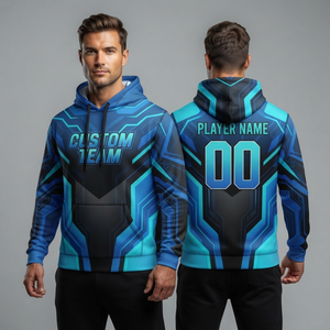 Sweat-shirt à capuche personnalisé pour équipe, modèle ODM, avec logo frontal, bleu et noir, motif géométrique, nom et numéro, pour club sportif - Product Image 3