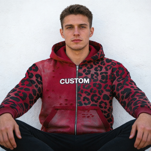 Sudadera con capucha para hombre, color borgoña, con estampado de leopardo, efecto desgastado, tie-dye, de algodón, con cremallera, logotipo personalizado, estilo oversize, cómoda y casual. - Product Image 3