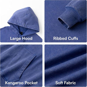 เสื้อฮู้ดดี้สีน้ำเงินซีดสไตล์วินเทจ ล้างสีแบบเรโทร มีกระเป๋าจิงโจ้และเชือกผูก ผลิตจากผ้าฝรั่งเศสเทอร์รี่เนื้อหนัก ทรงโอเวอร์ไซส์สำหรับผู้ชาย - Product Image 6