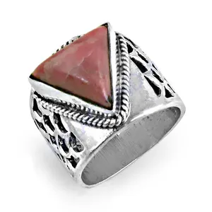 Anillo de Plata 925 con Rodocrosita, Corte Trillón, Patrón Geométrico, Estilo Bohemio, Engaste en Bisel, Anillo de Gema Chapado en Plata para Mujer - Product Image 2