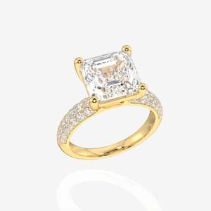 แหวนหมั้นทรงเรขาคณิตประดับเพชรทรง Asscher แบบเพาะเลี้ยงในห้องปฏิบัติการสามชั้น ฝังเพชรแบบ Pave ทอง 14K ชุบแพลตตินั่ม ดีไซน์เรียบหรู รับรองโดย IGI สีเหลืองทอง - Product Image 2