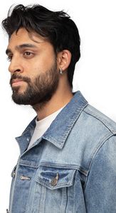 แจ็กเก็ตผ้ายีนส์สีฟ้าอ่อนมีปกเสื้อแจ็กเก็ตผ้ายืดมีรอยขาด - Product Image 4